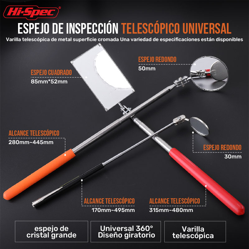 Espejo giratorio cuadrado/redondo, herramienta de detección de acero inoxidable, extensible, inspección, Ángulo telescópico, 1 ud.