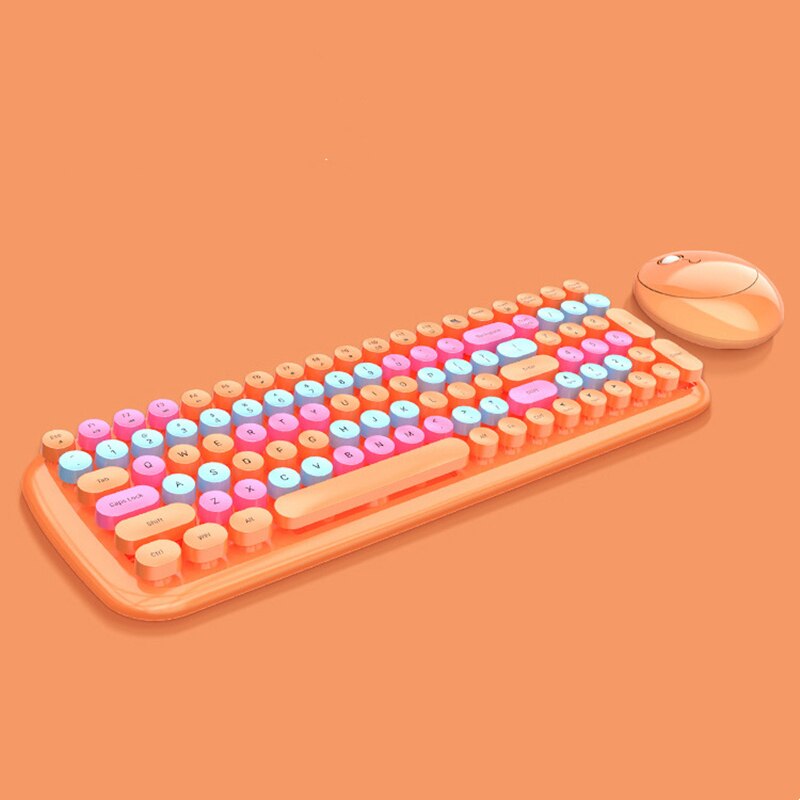 Kit de clavier et souris sans fil 2.4G pour filles, rétro, Vintage, 84 touches rondes colorées, Orange, rose, bleu, vert, pour ordinateur portable,: orange-100 keys
