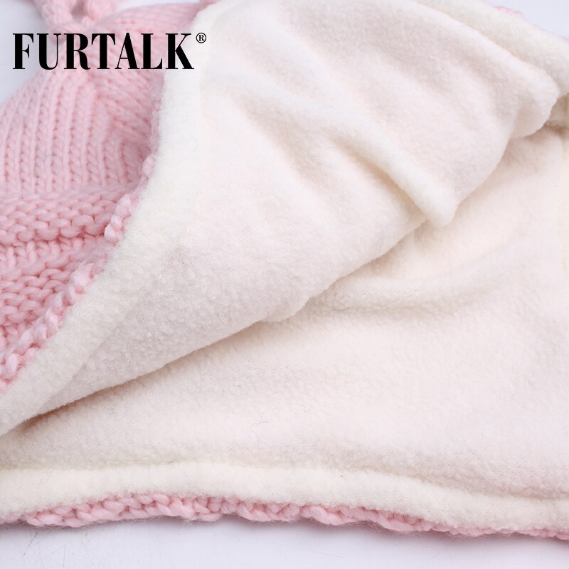 FURTALK Children Winter Hat with Ears Girls Boys pompom Hat Scarf Set for Baby Kids Knitted Earflap Hats Pink White Black Cap