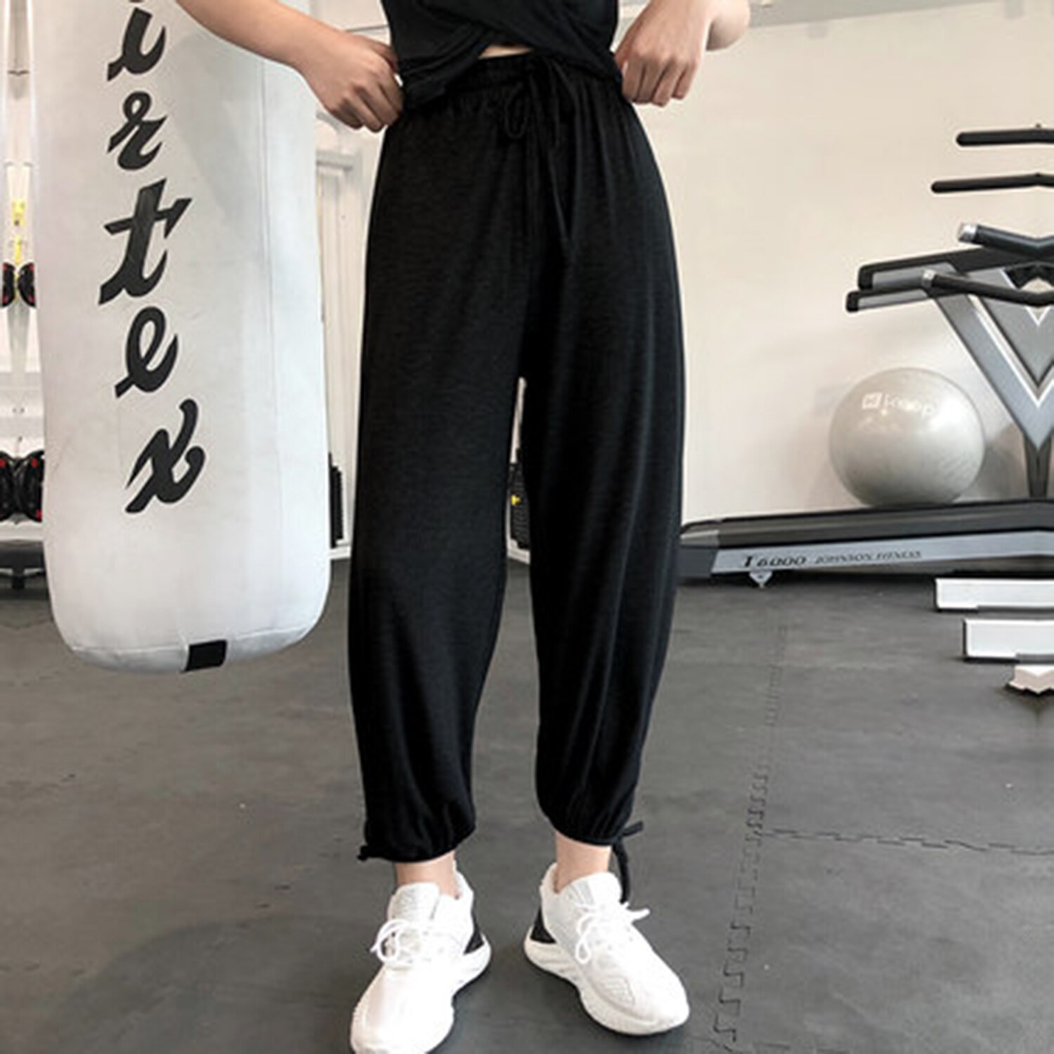 F.DYRAA nouveaux mélanges de coton éponge pour femmes sarouel en vrac taille haute élastique pantalons de survêtement Stretch surdimensionné pantalons de sport à la: Black / S