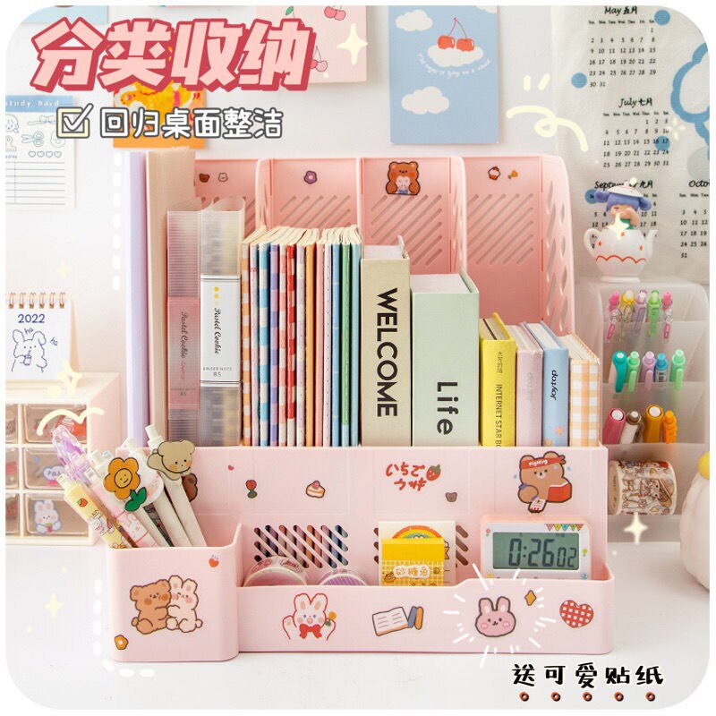 Kawaii Desk Organizer File Tray Desk Book Stand Office Desk Book Storage Box Bookends Book Shelf Stationery Organizer