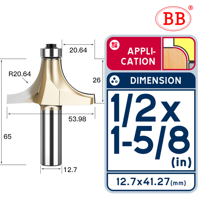 BB Corner Rounding Router Bit Concave Milling Cutter with Parallel Shank 1/2 1/4 Inch Woodworking Tool Round Edge Trimmer: 1-2x1 5-8