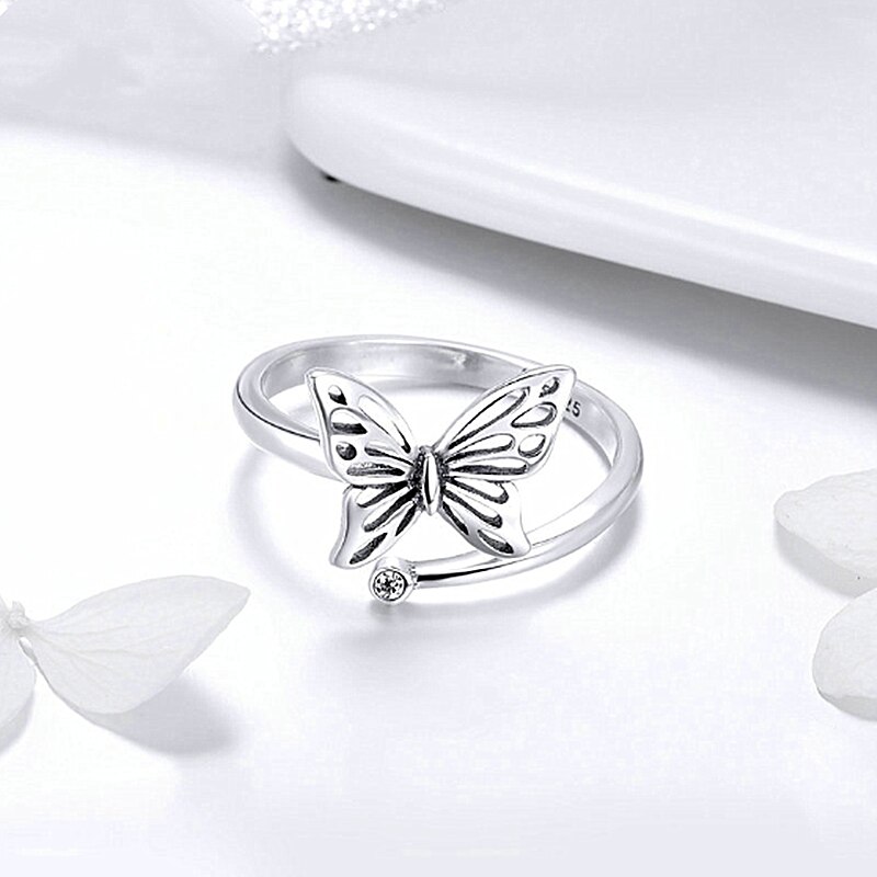 Authentic 925 Sterling Silver Vintage Butterfly Adjustable Finger Rings for Women Wedding Engagement Ring Jewelry SCR448