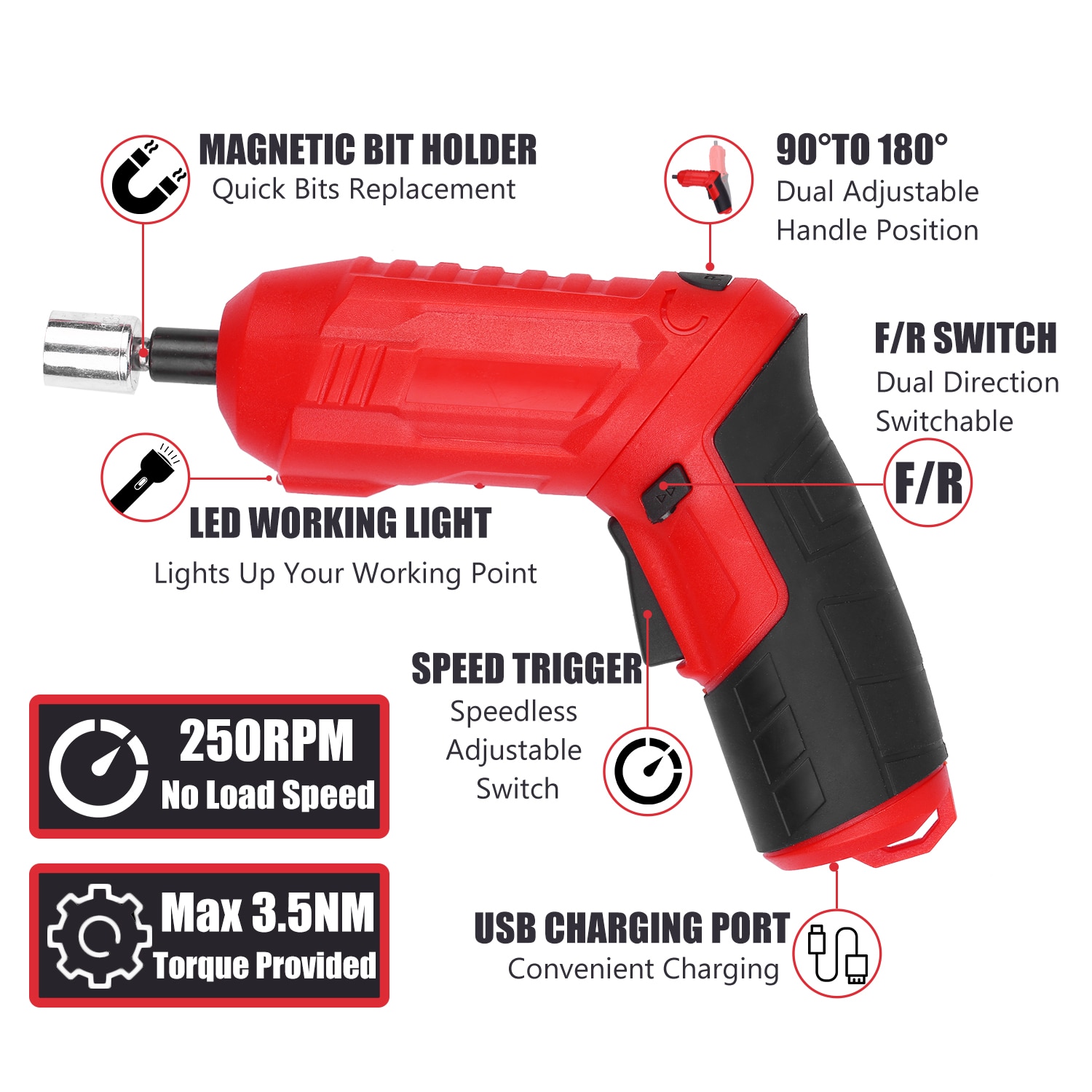 Cordless Screwdriver 47Pcs 3.5Nm Electric Screwdriver Set 3.6V 1800mAh USB Rechargeable Ratchet Wrench Front LED 2 Position