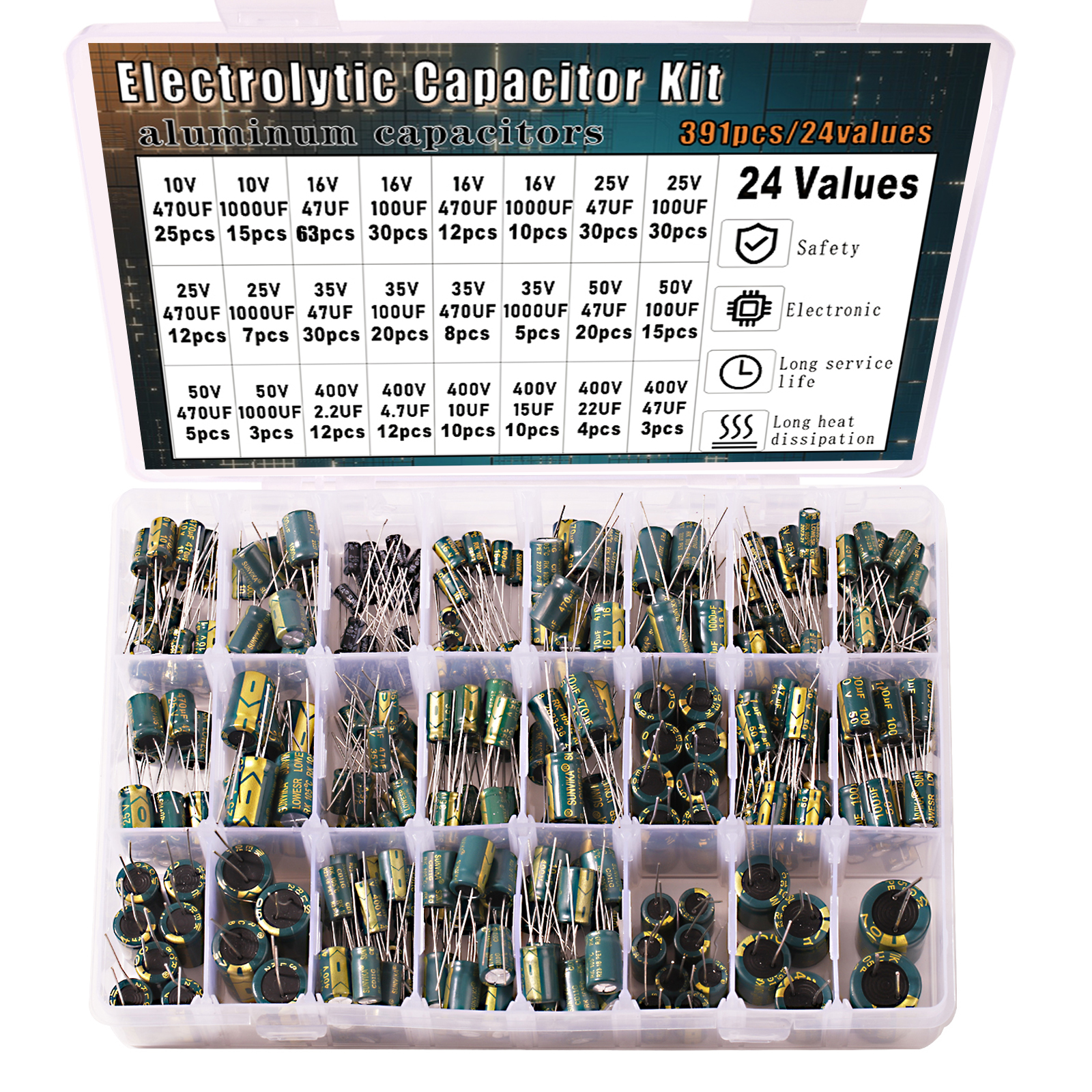 391-teiliges Hochfrequenz-Elektrolytkondensator-Set, 24 Werte, 10 V, 16 V, 25 V, 35 V, 50 V, 400 V, für TV-LCD-Monitor, Spiel
