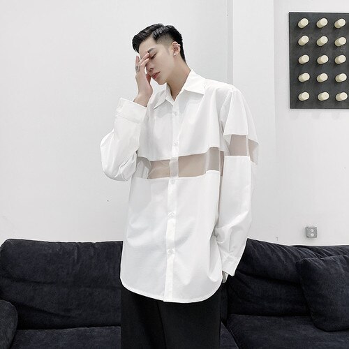 Camisa de manga larga informal con empalme de malla transparente para hombre y mujer, ropa de calle de Japón, camisa de negra y blanca para parejas, ropa para escenario: 637 white / XL