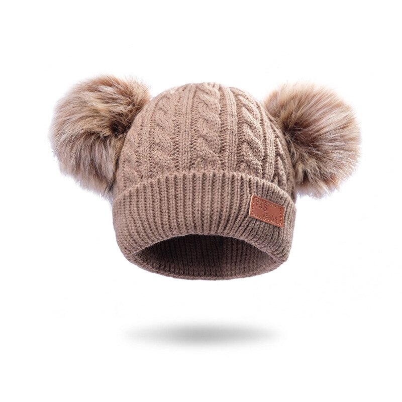 Pompom Fur Baby Knitted Beanie Hats Solid Color Baby Bonnet Hat Child Winter Boy Girl Thicken Warm Cap: coffee