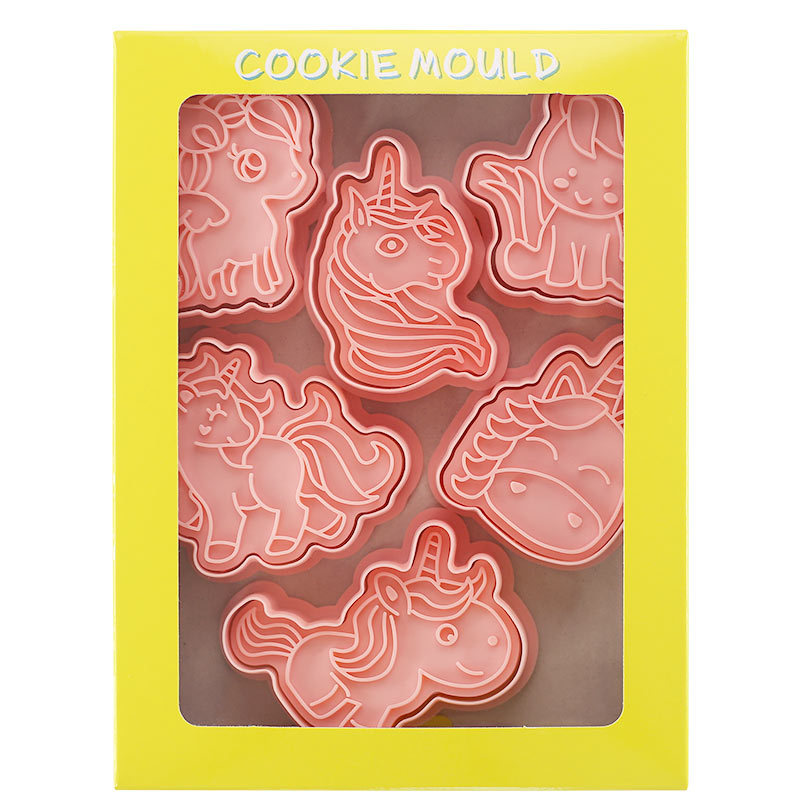 6 Stks/set Eenhoorn Vorm Cookie Cutters Plastic 3D Cartoon Pressable Biscuit Mold Cookie Stamp Keuken Bakken Gebak Bakvormen Tool