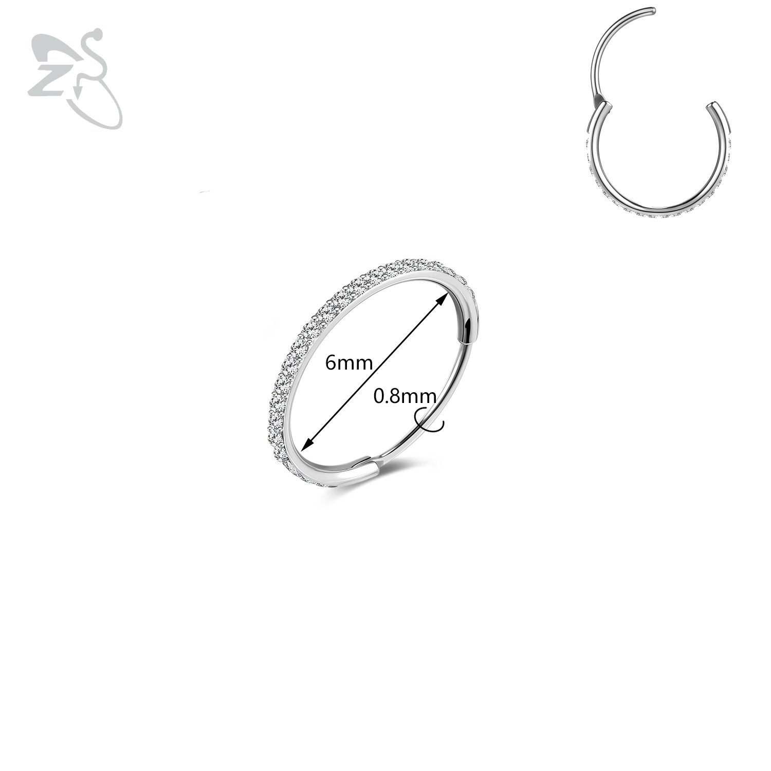 Zs 1pc runde krystal næse piercing sølvfarvet septum ring rustfrit stål næse clicker brusk piercing 20g kropssmykker: Imiteret rhodineret