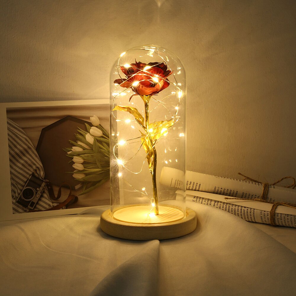 Fødselsdag smuk bevaret rose blomst led lys med glas cover træ base valentinsdag bryllup