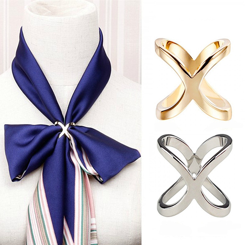 X Shape Metal Brooches For Women Simple Cross Crystal Scarf Clip Bow Buckle Holder Shawls Jewelry Accessories