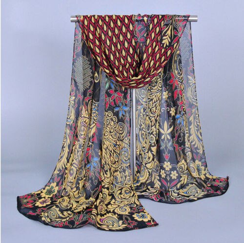 Kvinder damer chiffon påfugl tørklæde fjer blød wrap lang sjal farverige tryk tørklæde 160*50 cm: Sort