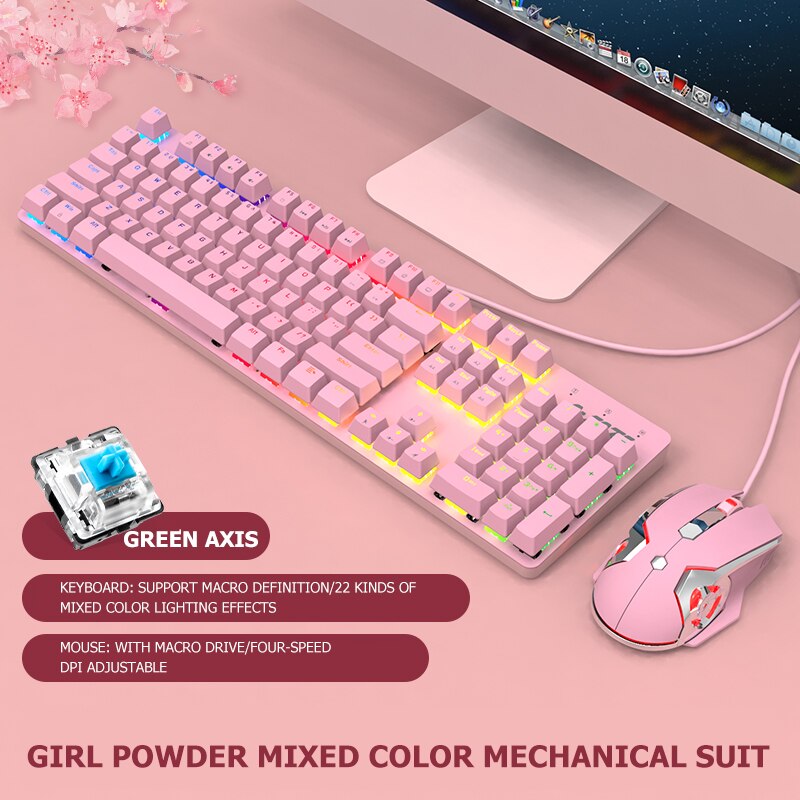 USB Wired Pink Real Mechanical Keyboard and Mouse Set with Blue Switch Cute Girls E-sports Gamer Computer Peripherals Keyboard: Blue Switch	