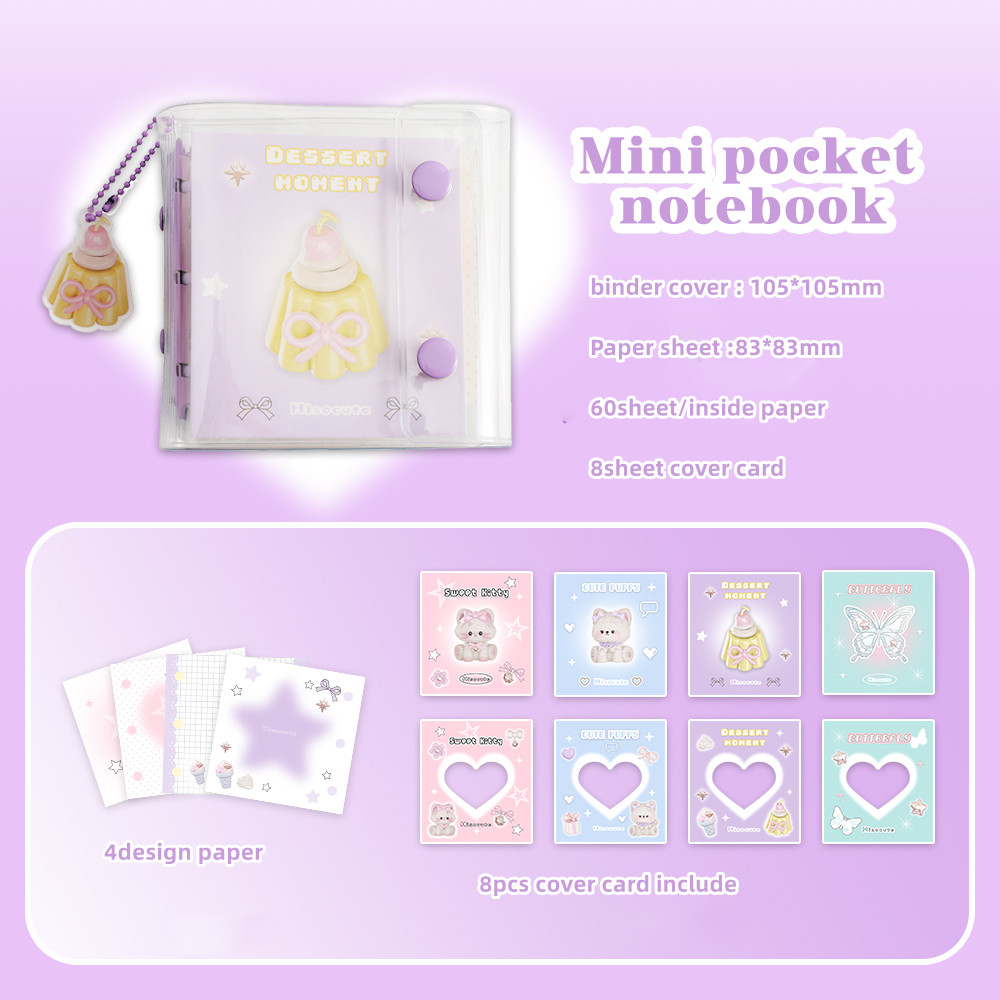 Girls Korean 3 holer cute binder notebook ledger student mini portable notebook pocket small size note book: PURPLE