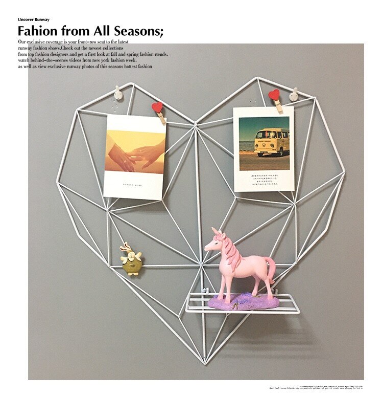 Corazón de Metal de amor rejilla de malla Panel Decoración habitación DIY Pared de fotos arte hierro Display con 10 Clips y 4 ganchos Multi organizador de fotos: Blanco