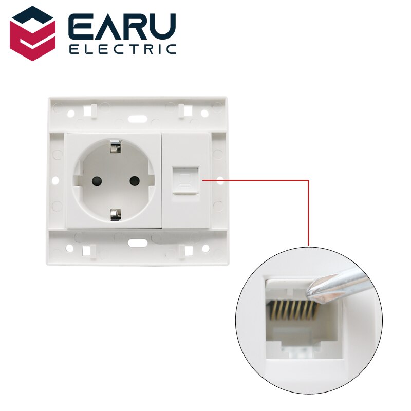 EU 16A Wall Socket Switch 1 Gang with CAT6 T568A/B Internet Computer Data Connector 250V PC Panel White Color Modular 86*92mm