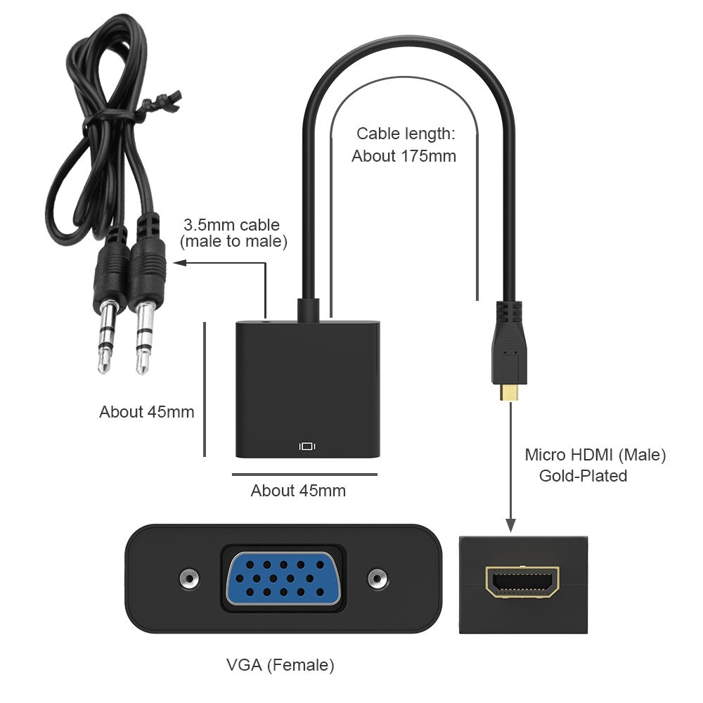 Robotsky 1080P Micro Hdmi Naar Vga Audio Converter Adapter Kabel Man-vrouw Voor Hd Hdtv Pc Laptop Xbox PS3 PS4 Camera Tablet