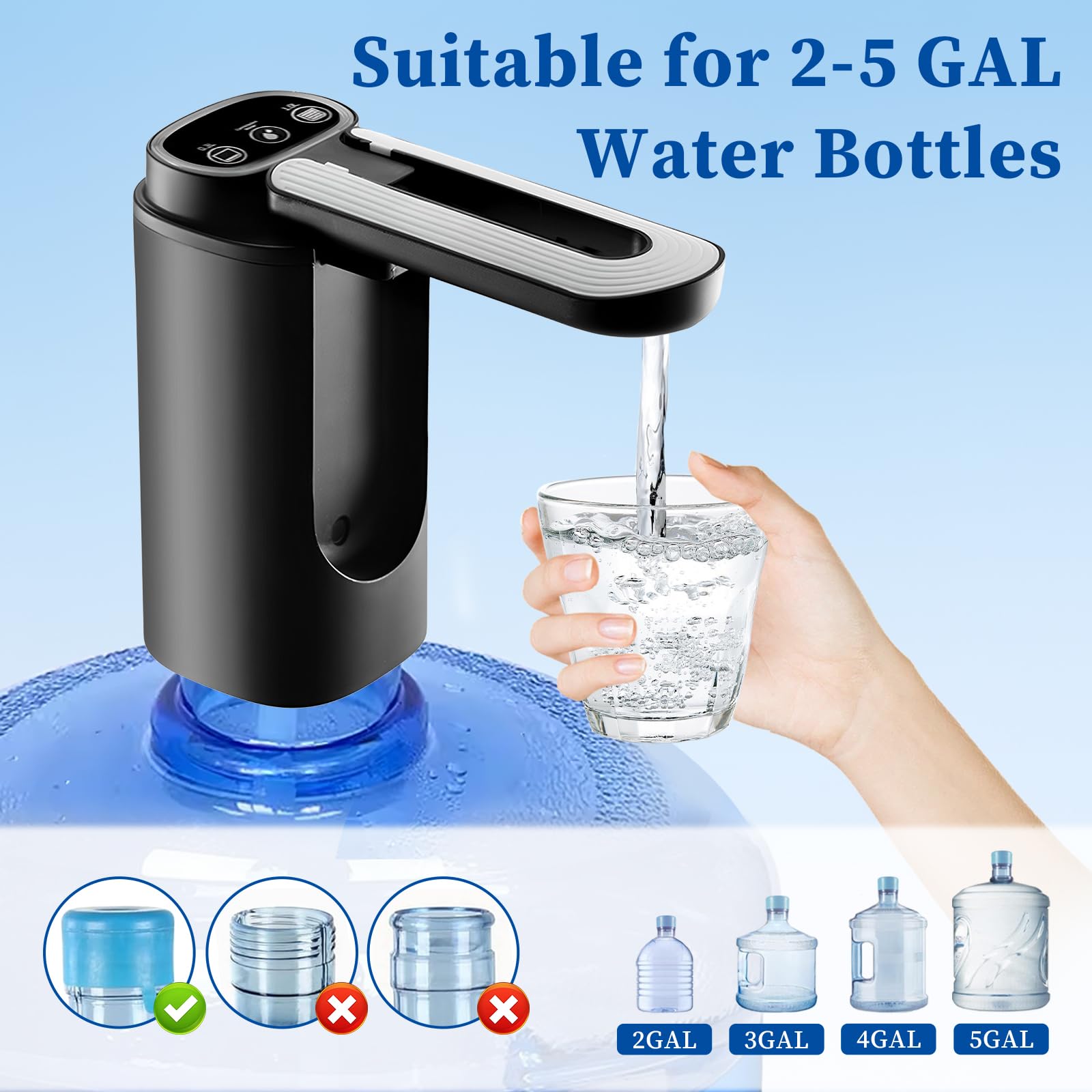 Waterflespomp Automatische waterdispenser voor 5-galon fles Type-C Opladen Draagbare elektrische waterdispenserpomp (zwart)