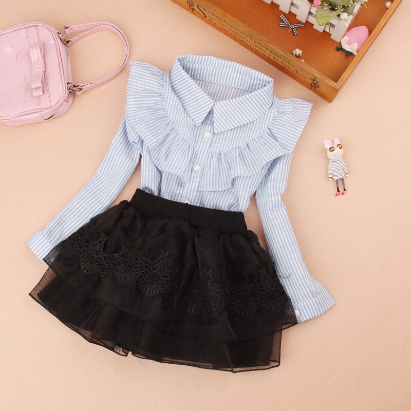 2-16 Jaar Baby Peuter Tiener School Meisjes Blouse Fall Lange Mouwen Turn-down Kraag Gestreepte Meisje Tops Kids Shirts AA2495
