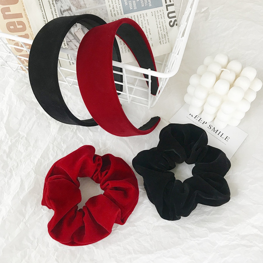 Diadema de terciopelo para mujer, diadema de Lazo Rojo de vino negro, bandanas de franela, de Color sólido coletero, accesorios de pelo elegantes