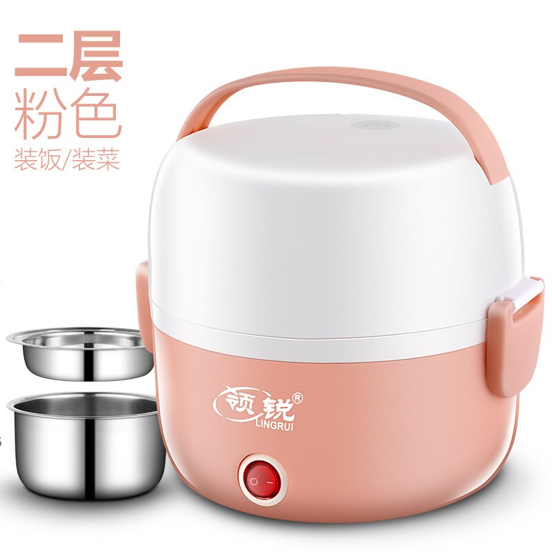 Mini elektrische rijstkoker roestvrij staal 2/3 lagen stomer draagbare maaltijd thermische verwarming lunchbox voedselcontainer warmer: 2 lagen roze / Au