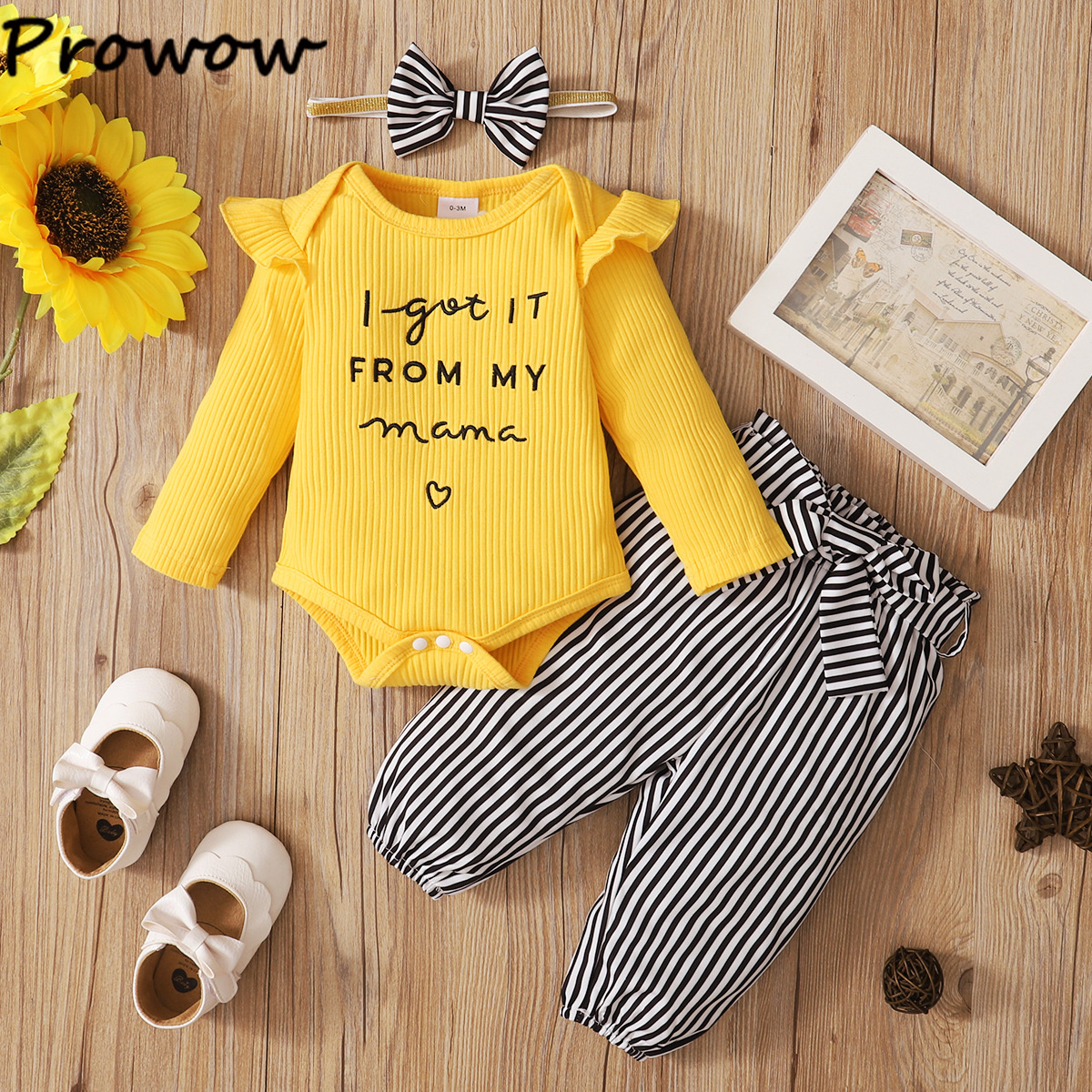 Prowow 0-12m neugeborenen-mädchen-kleidungsset, gestrickter strampler mit buchstabenprint + geblümte Schlauch mit schleife + stirnband, frühlings-babykleidungsoutfits