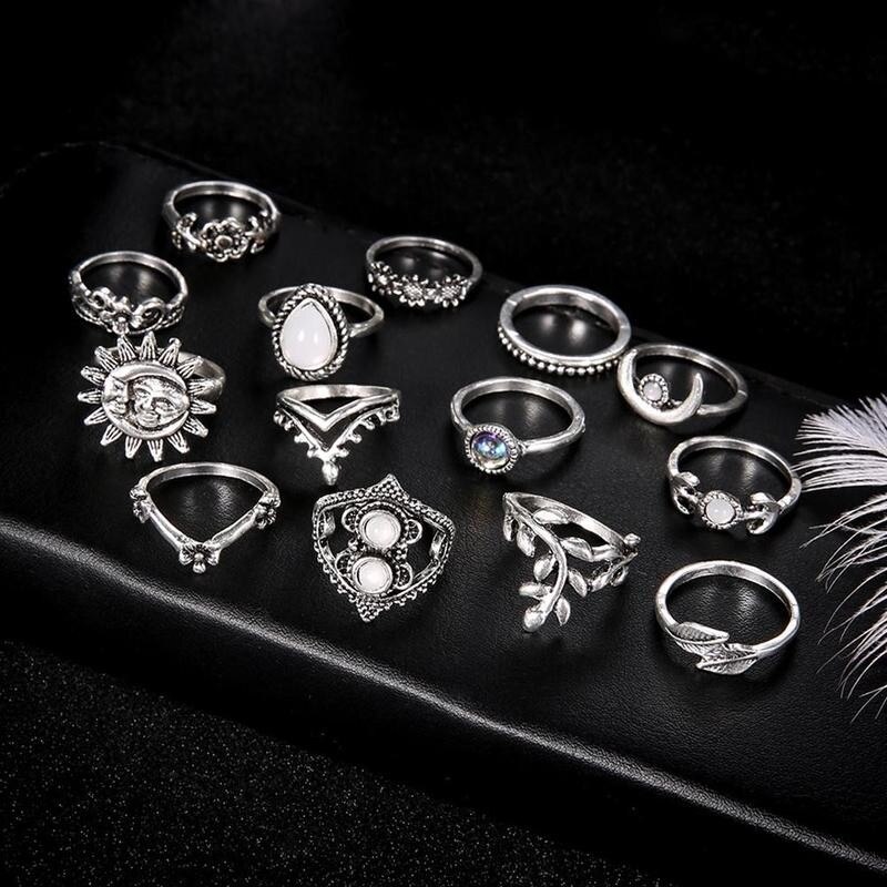 14 Stks/set Moon & Sun Knuckle Opal Set Blad Bloem Hart Kroon Ringen Voor Vrouwen Femme Boho Verklaring Jewelry