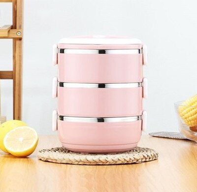 Fiambrera térmica aislante para uso en el hogar, fiambrera portátil de acero inoxidable multicapa a prueba de fugas, herramientas de cocina para exteriores: Pink 3 layers