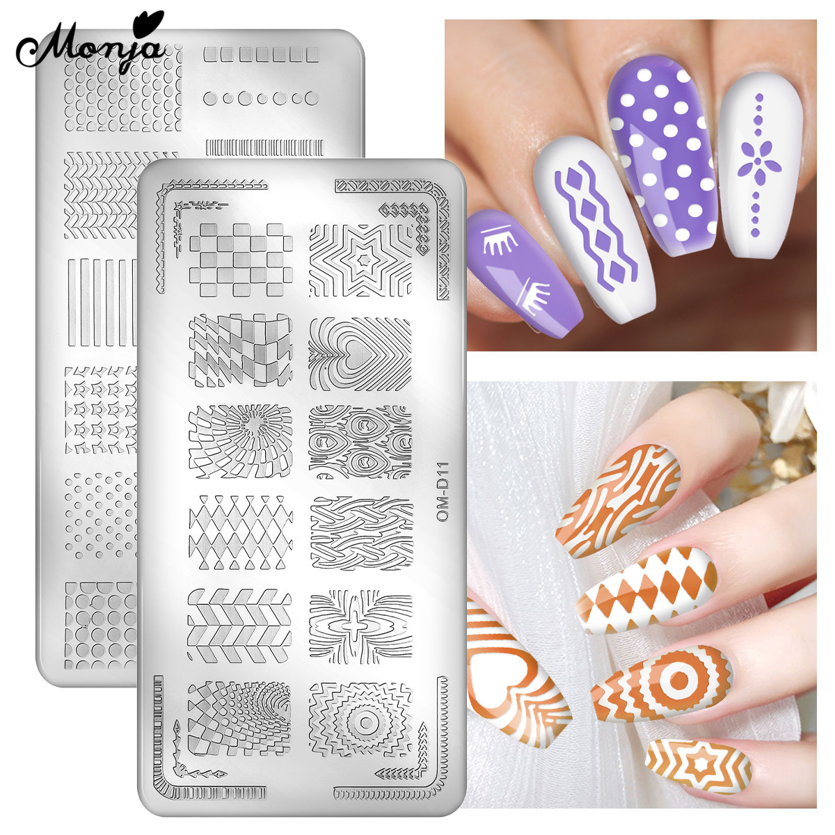 Monja 10 Stile Nagel Kunst Vorlagen Blume Ebene Streifen Geometrische aufbringen Stanzen Platten Druck Schablone DIY Manikübetreffend Werkzeug