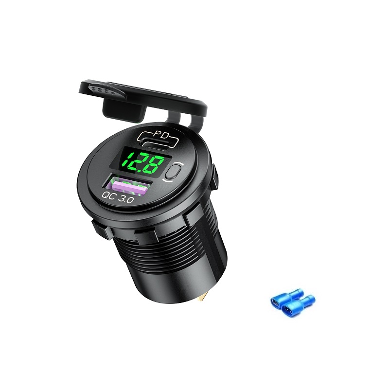 Pd Type C Usb Car Charger Socket En Qc 3.0 Quick Charger 12V/24V Auto Stopcontact socket Met Led Voltmeter Aan/Uit Schakelaar: Green