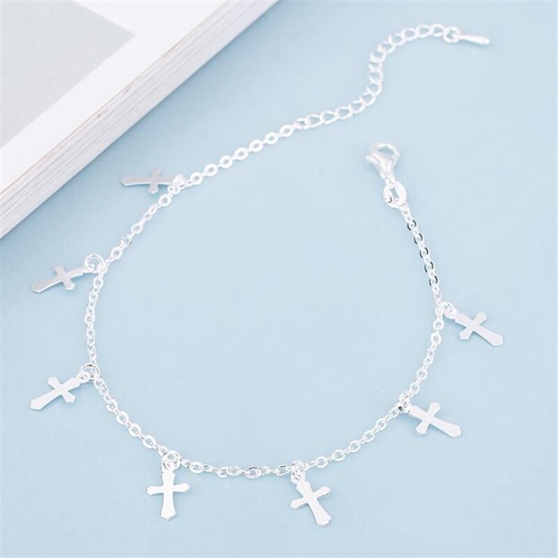 KOFSAC 925 Sterling Silver Anklets For Women Exquisite Cross Pendant Ankles Chain Bracelet Jewelry Girl Party