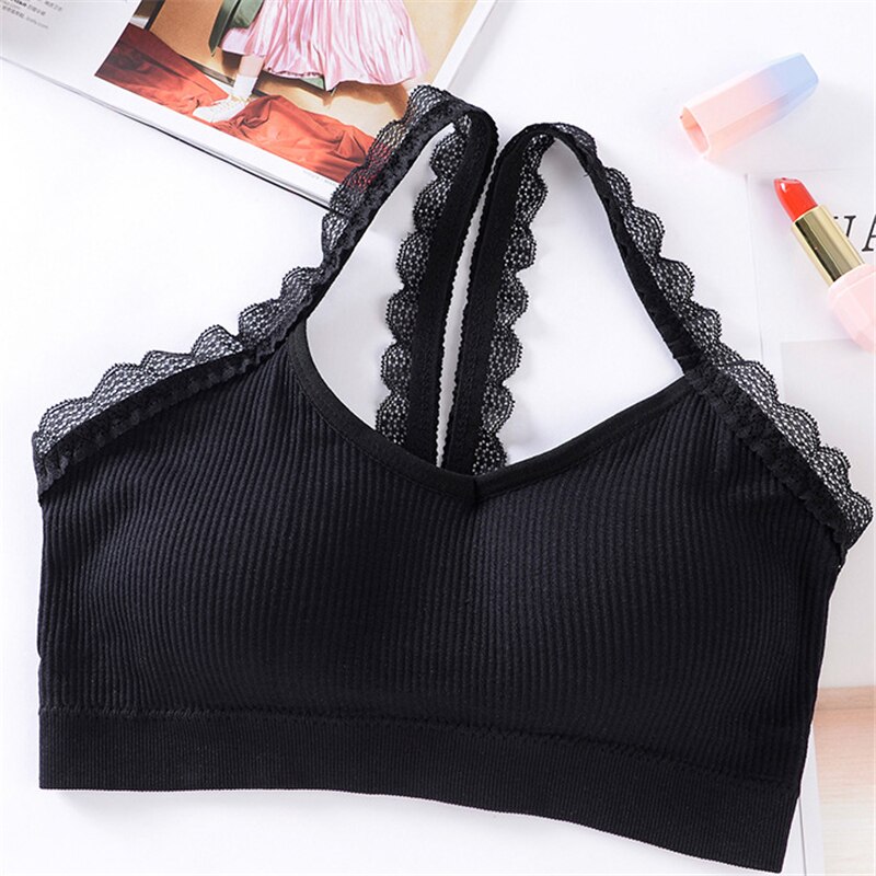 Lace Beauty Back Bra Thread Wrap-around Strapless Bralette Wire Free Chest Pad Sports Brassiere: Black