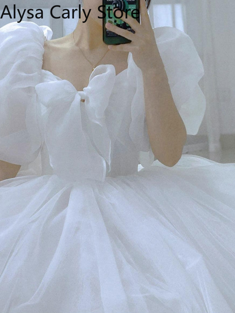White Sweet Princess Dress Women Bow Puff Sleeve Korean Kawaii Midi Dress Female Autumn Casual Evening Party Dress