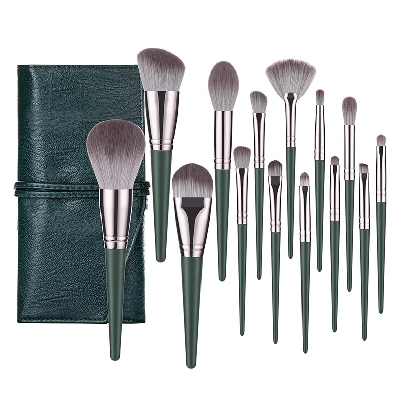 Rancai 14 stuks make-up kwastenset crochas maquillaje green large losse poeder hoogglans oogschaduw foundation contour synthetihair: 14 stuks borstel met zakje