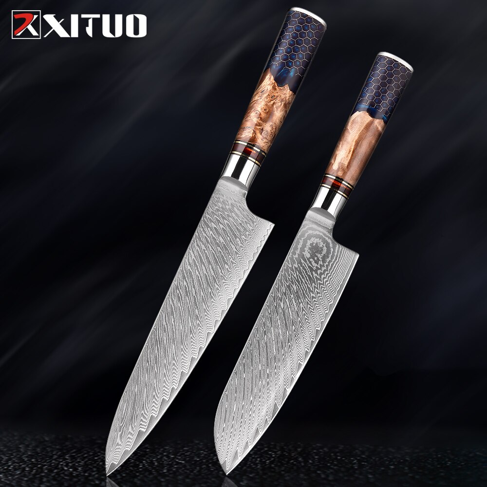 XITUO-Juego de cuchillos de cocina de acero damasco, 67 capas, afilados, duraderos, cuchillo de corte multifuncional, mango de panal de resina azul
