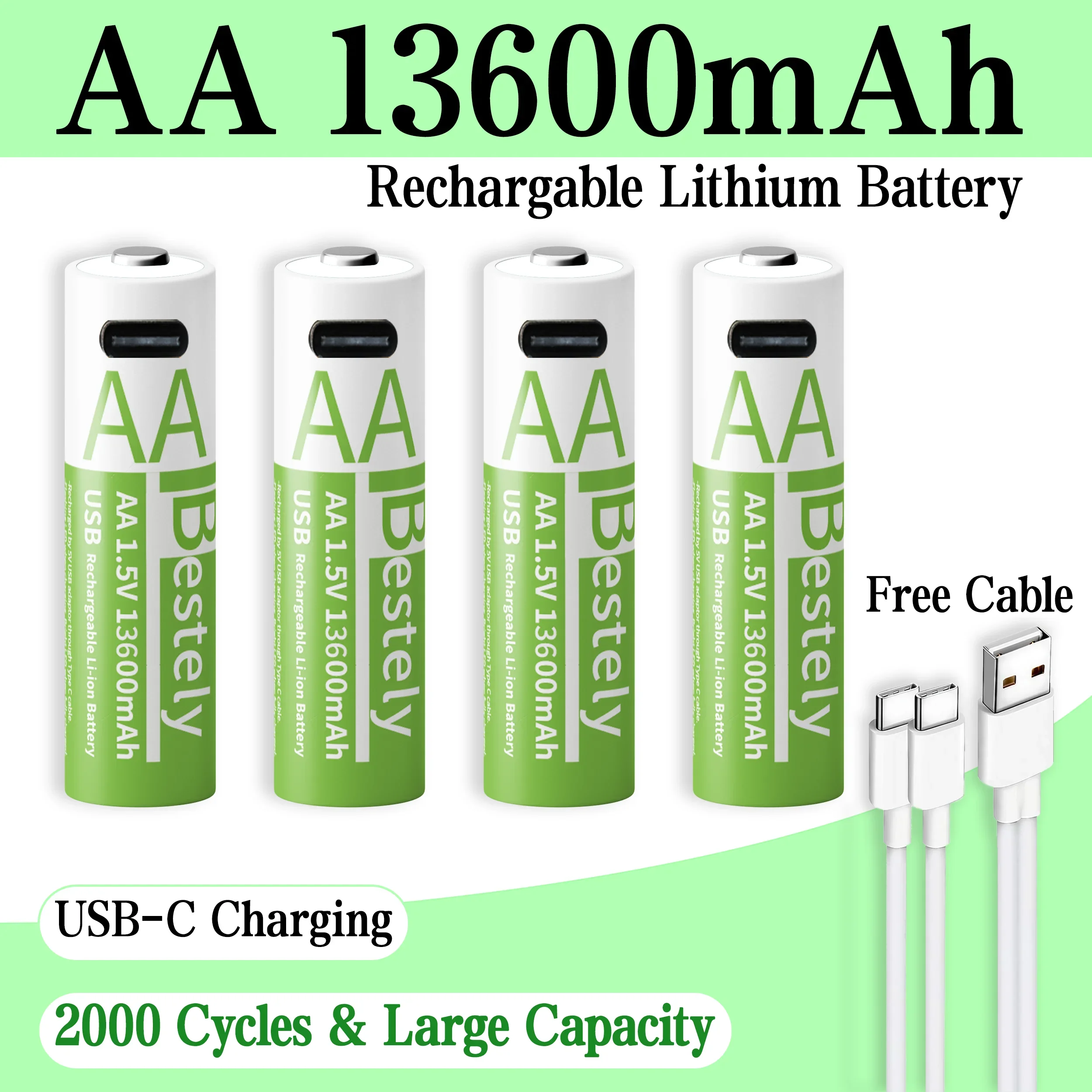 Batterie ricaricabili al litio ad alta capacità AA 1,5 V 13600 mAh Tensione di uscita Alimentatore stabile, cavo di tipo C incluso