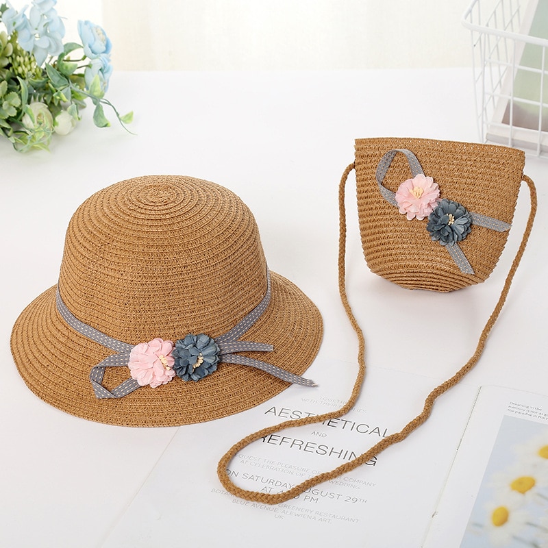 Blomma barn tjej solhatt andas hatt halm hatt med handväska väska barn mössa tjejer solskydd uv skydd panama hatt gorras: 4