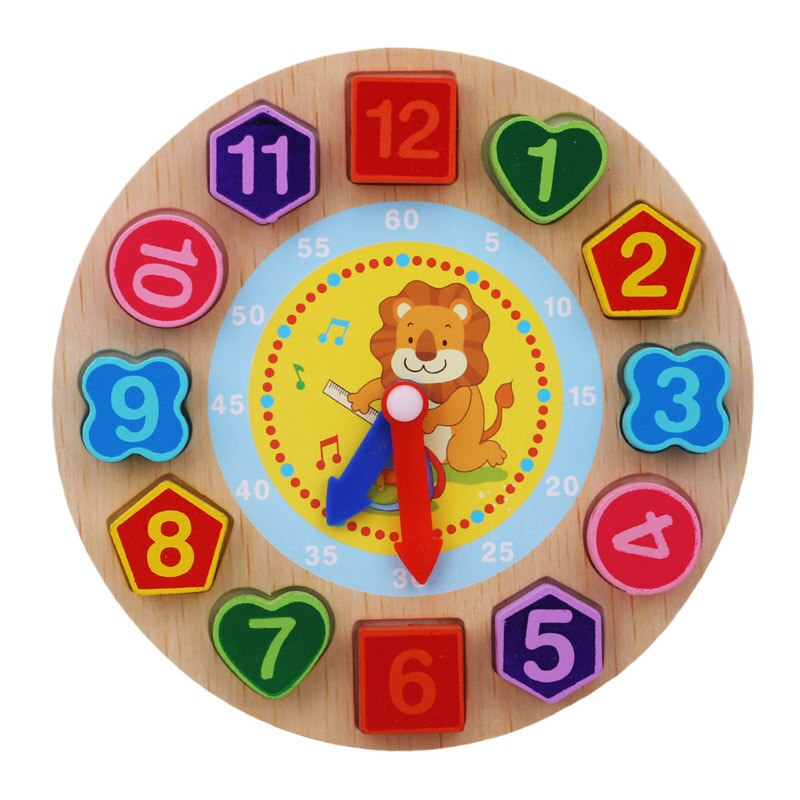 Cognitive Digital Clock Digital Wooden Watch Jigsaw Toys Cartoon Threading Assembly Toys Kids Wooden Puzzle Toys: lion
