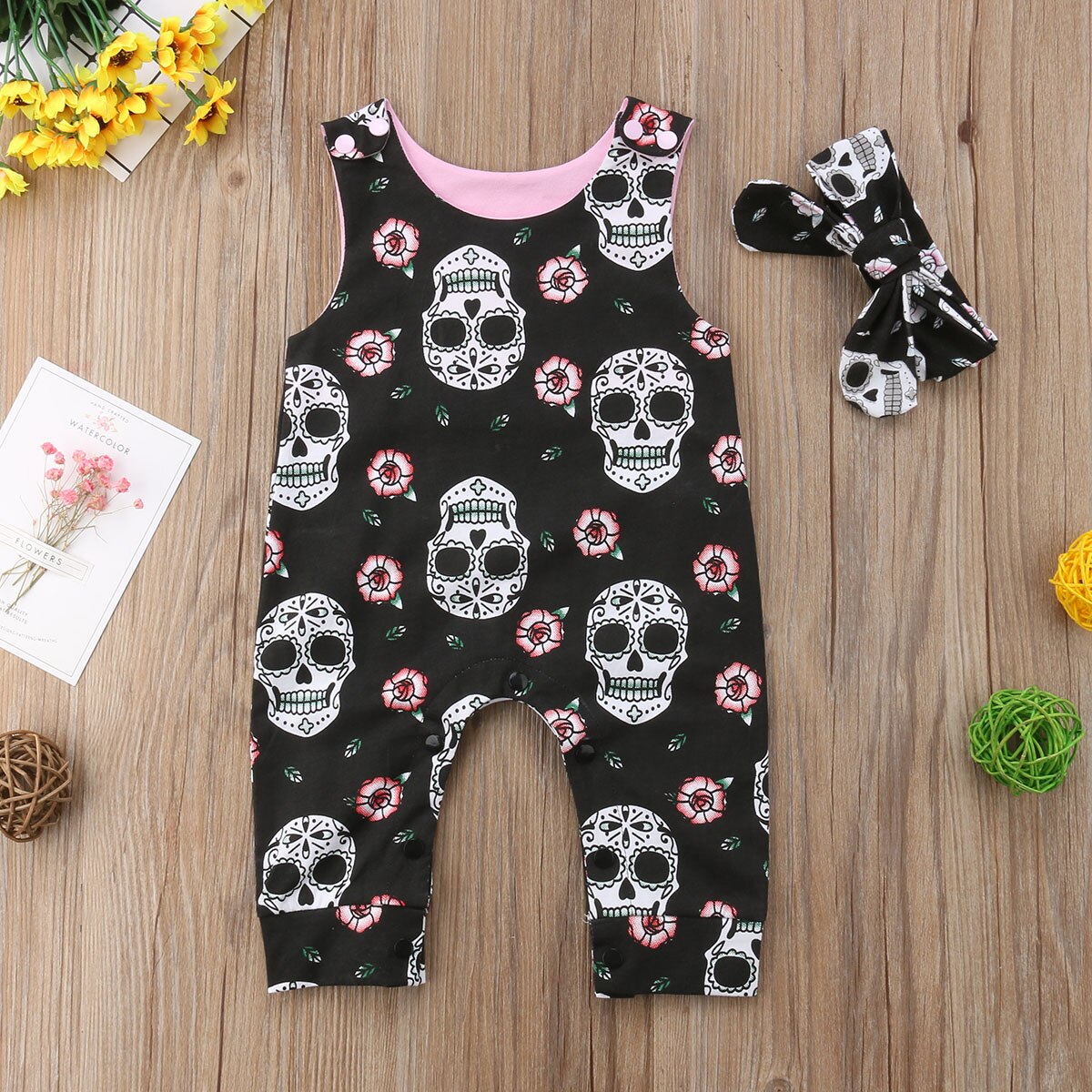 Barboteuse décontractée pour bébé, garçon et fille, sans manches, motif tête de mort, combinaison en coton noir, barboteuse + bandeau 0-18M, Halloween