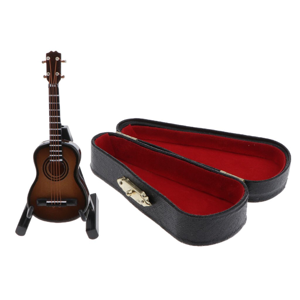 1/12 -skala miniature musikinstrument træ guitar model med stativ til dukkehus musik rum eller eventyr havedekoration: Mørkebrun