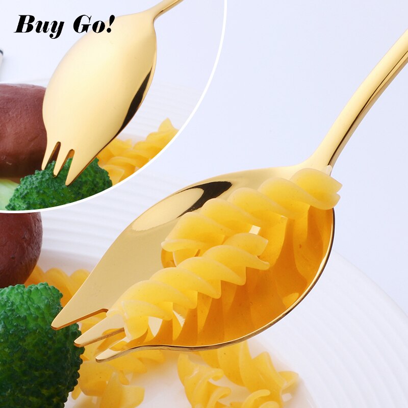 2 in 1 Salad Forks Spoon 304 Stainless Steel Three Tooth Multifunction Dessert Snack Fruit Forks Kitchen Tableware