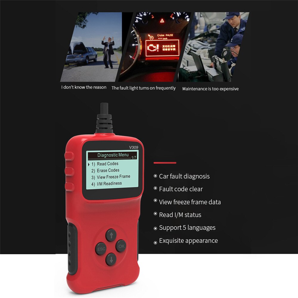 V309 Scanner de voiture OBD2, outil de Diagnostic automobile, lecteur de Code, vérification du moteur, testeur automobile, PK Elm327