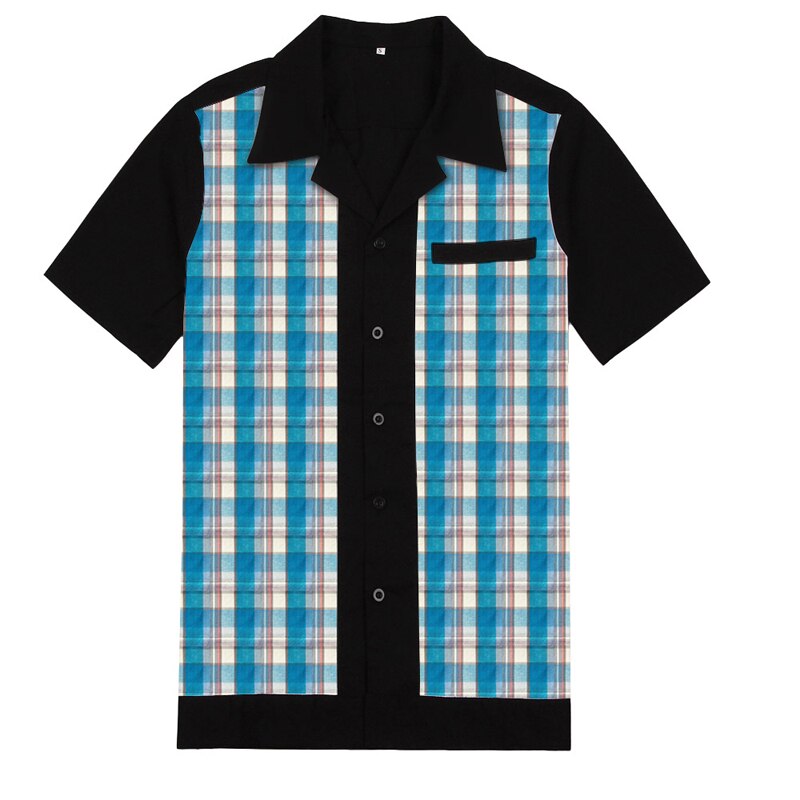 Shirts Men 50s Rockabilly Shirts Men Vintage Punk Rave Shirts Short Sleeve Plaid Printed Rolling Rock Shirt Casual US size: plaid blue / M
