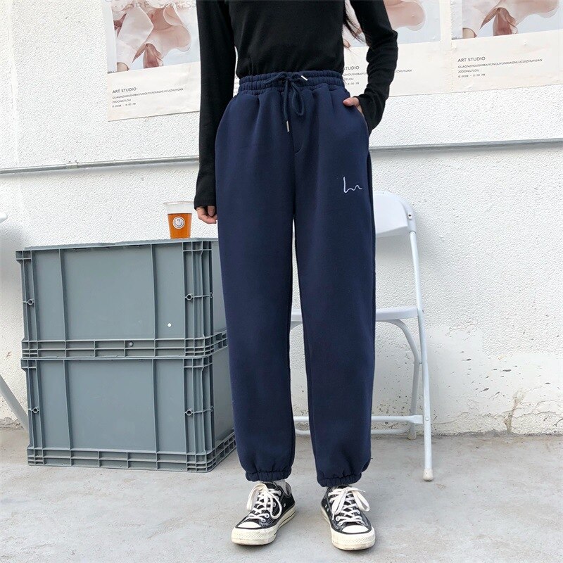 Casual Sport Hosen Für Frauen Stickerei Elastische Hohe Taille Laufen Hosen Lose Beiläufige Warme Jogginghose Winter: black