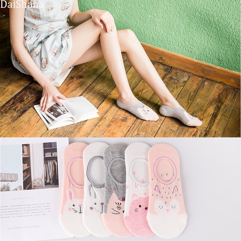 5 pares primavera nueva Arrivl de dibujos animados delgada calcetines de las mujeres de Animal divertido corto de algodón de las mujeres calcetín chica de calcetines-calcetines de 35-40: 40