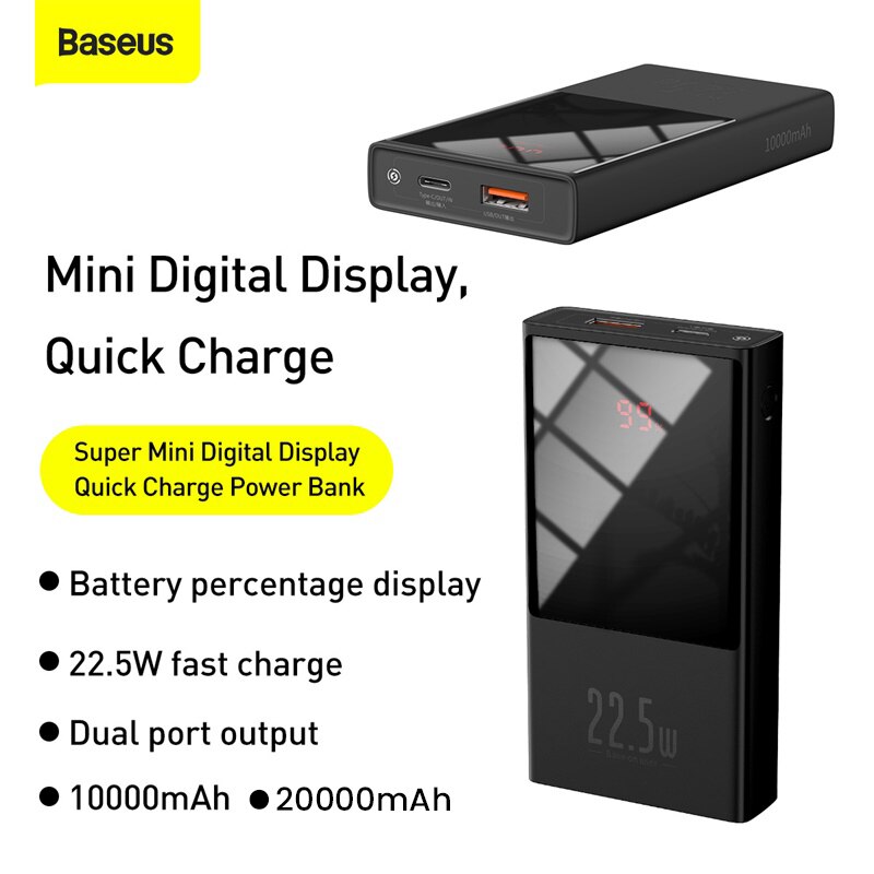 Baseus-Banco de energía de 20000mAh, cargador de batería externo portátil para iPhone, USB tipo C PD QC 3,0, 10000mAh, con pantalla LED