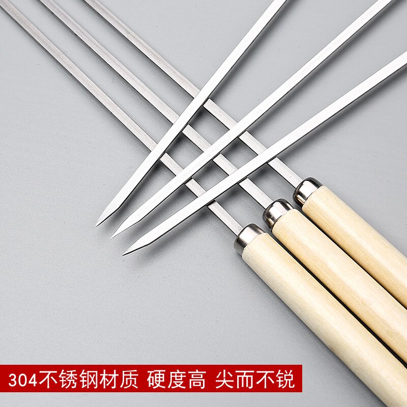 304 Stainless steel sticks wooden handle barbecue mutton skewer BBQ needles tool flat stick accessories barbecue needles 25pcs