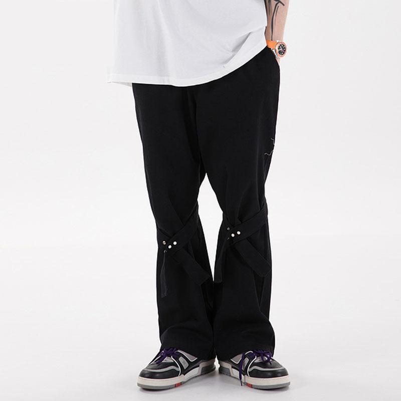 Pantalones acampanados con correa en la rodilla para hombre, ropa de calle de camuflaje, holgados, a la , Hip Hop