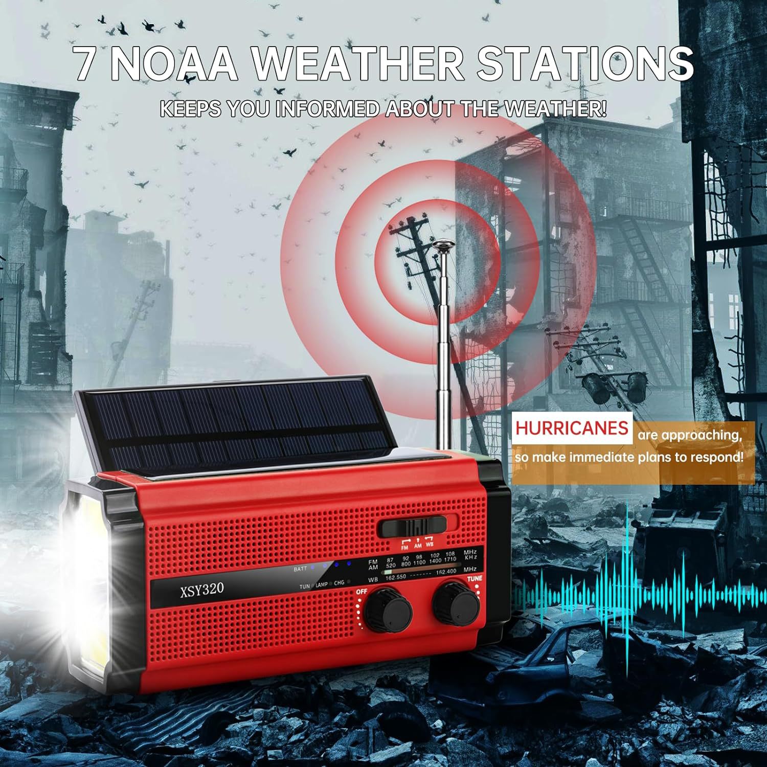 5000 mah nødradio er/fm/noaa værradio solcelledrevet håndsveiv usb oppladbar bærbar radio lommelykt sos powerbank