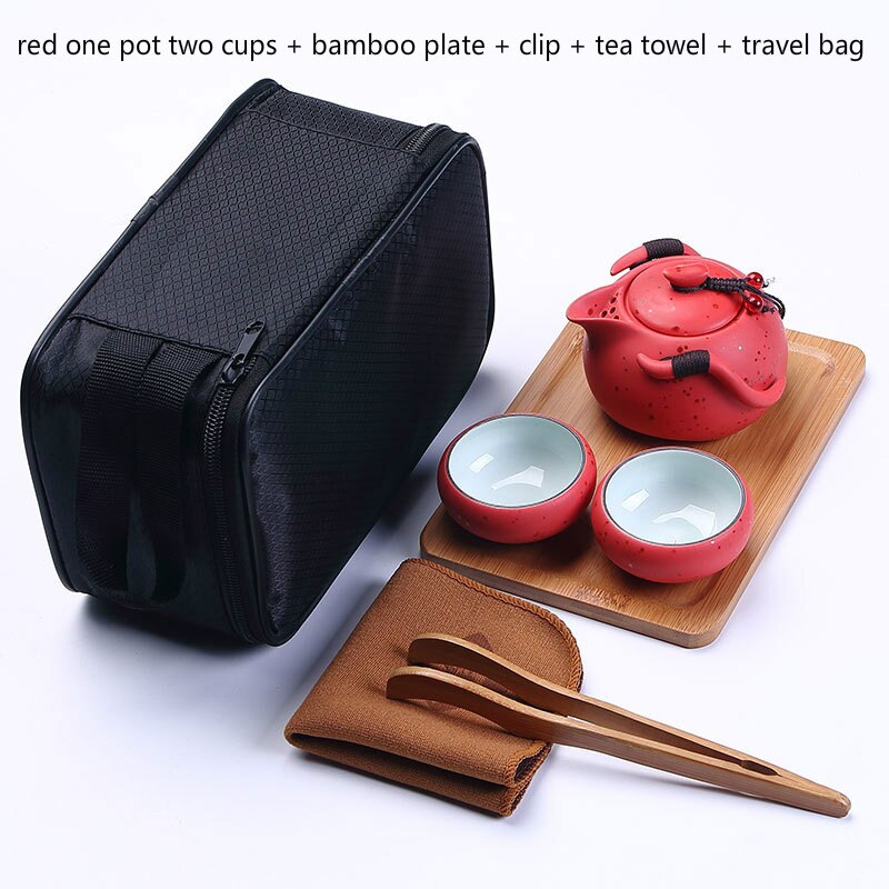 3Pcs Travel tea set Tea Set Porcelain Double Wall Cup Flower Dragon Moutain Teapot Kung Fu Tea Set A: A-red